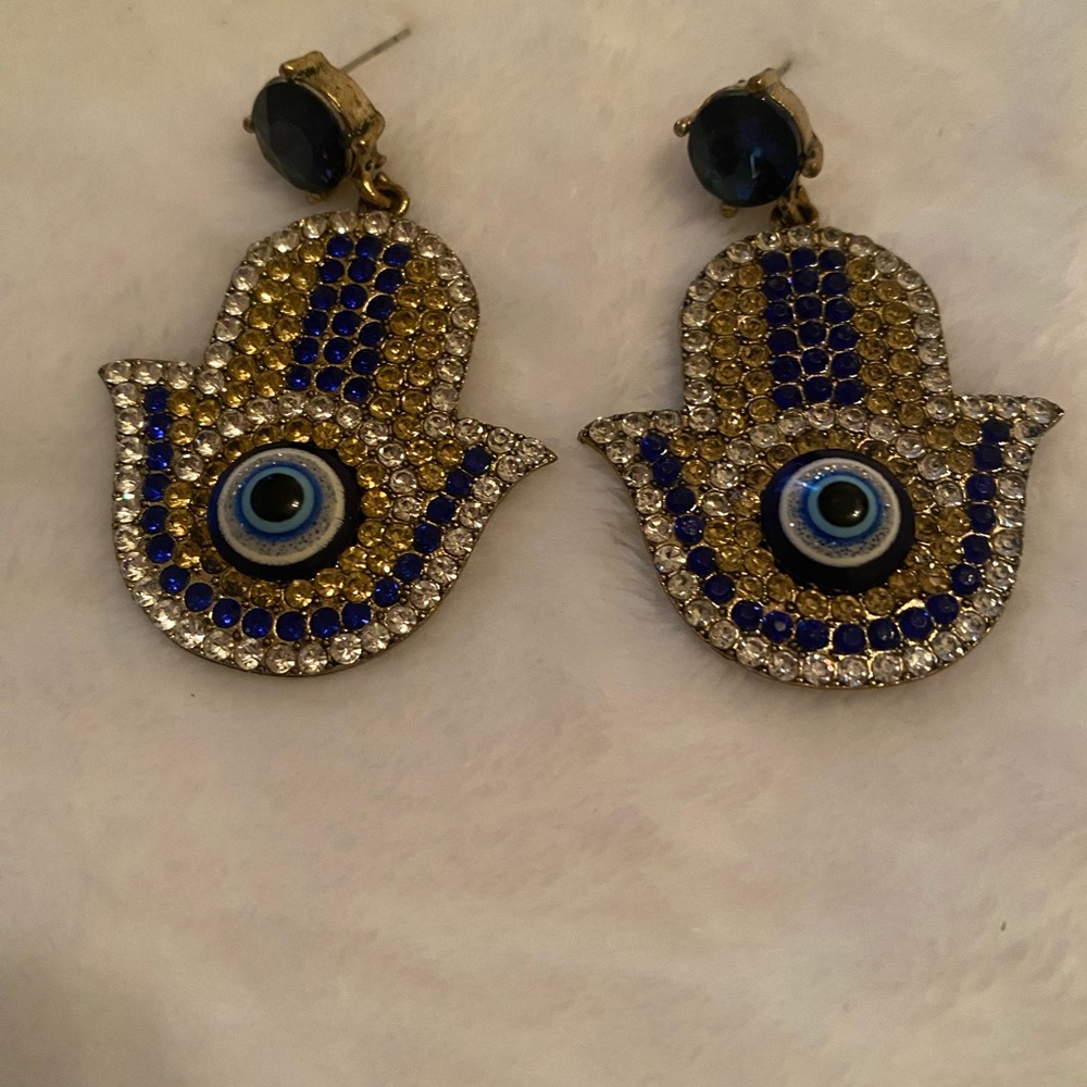 Elegant Blue and Gold Hamsa Earrings